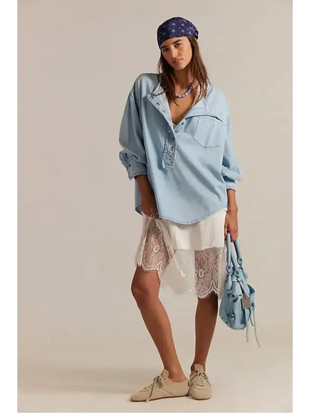 Free People Bohemian Oversized Denim Chambray Dreaming Pullover Tunic Shirt XS